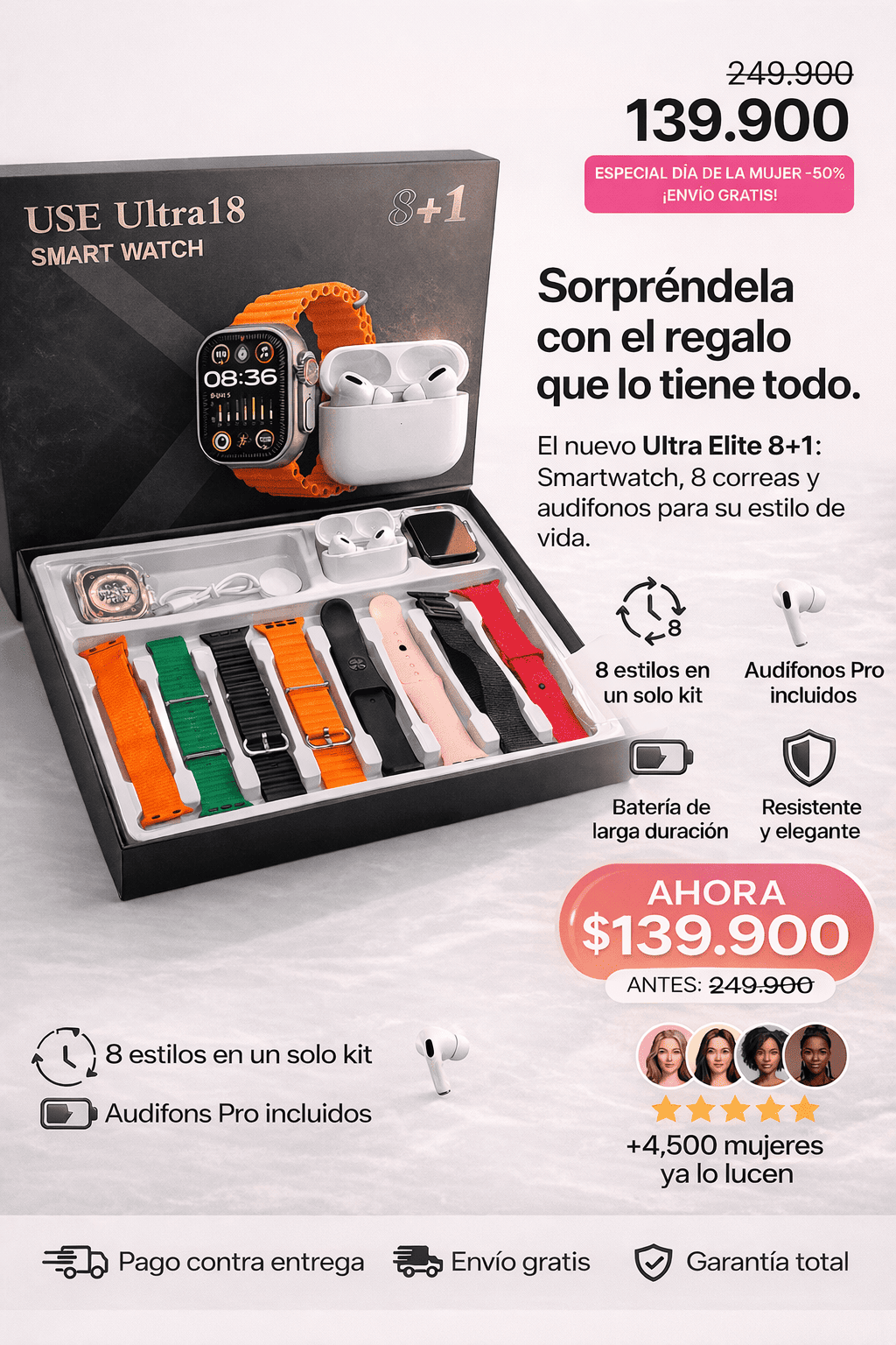 Smartwatch Ultra18 8+1 + Audífonos (trae 8 Correas Intercambiables)
