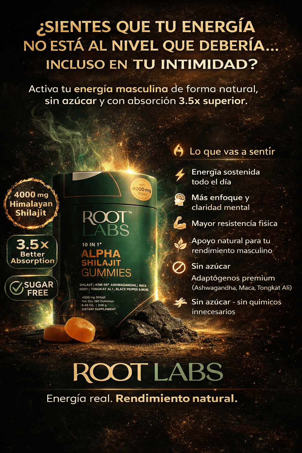 ROOT LABS 10‑in‑1 Alpha Shilajit Gummies — Gomitas de shilajit del Himalaya con tecnología de absorción superior