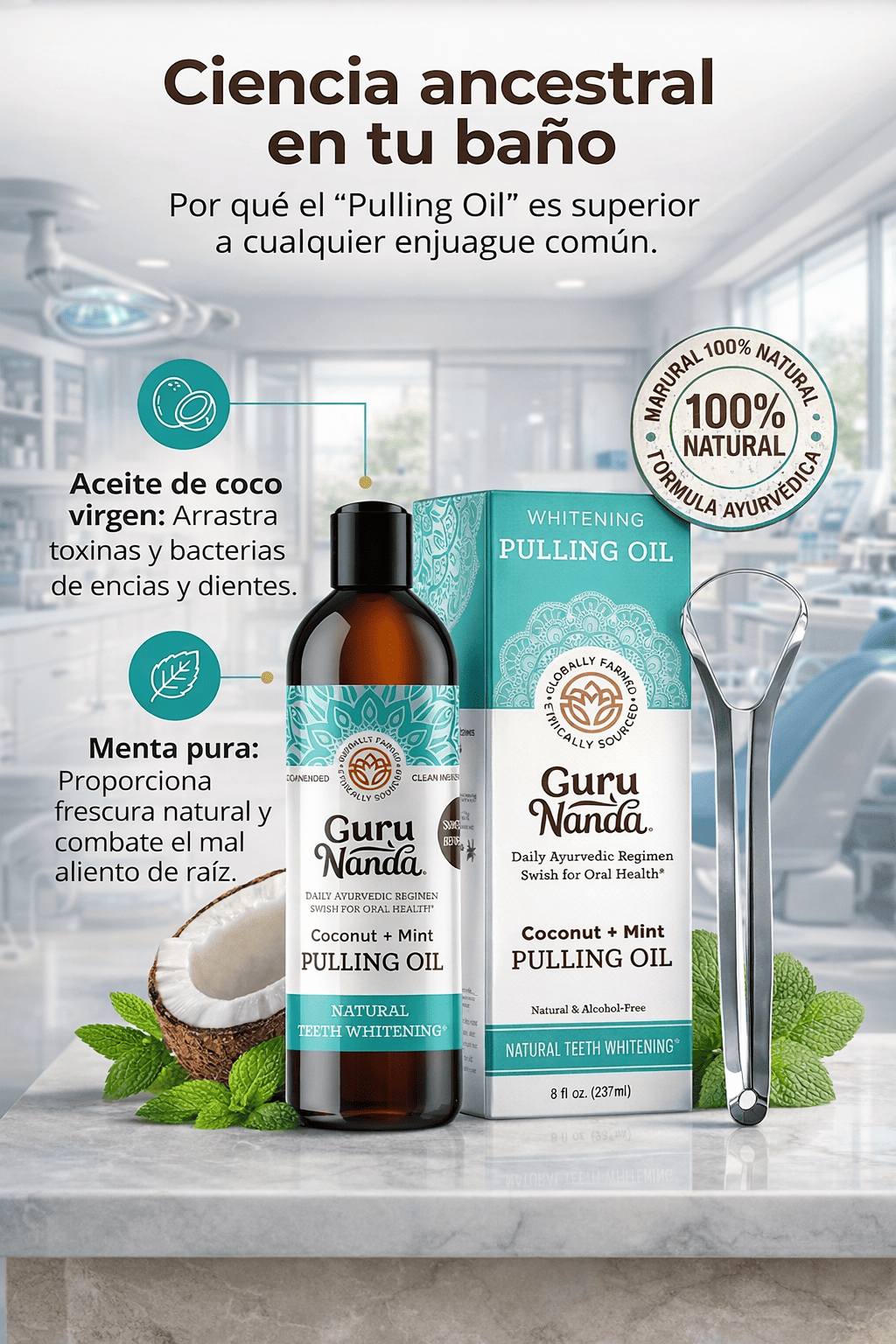 GuruNanda Enjuague Bucal Natural 8 en 1 – Aliento Fresco y Limpieza Profunda